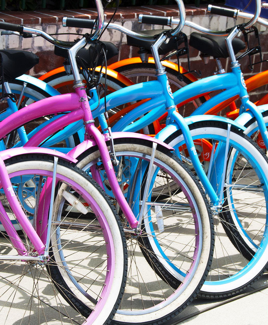 purple, blue and red bicylces lined up